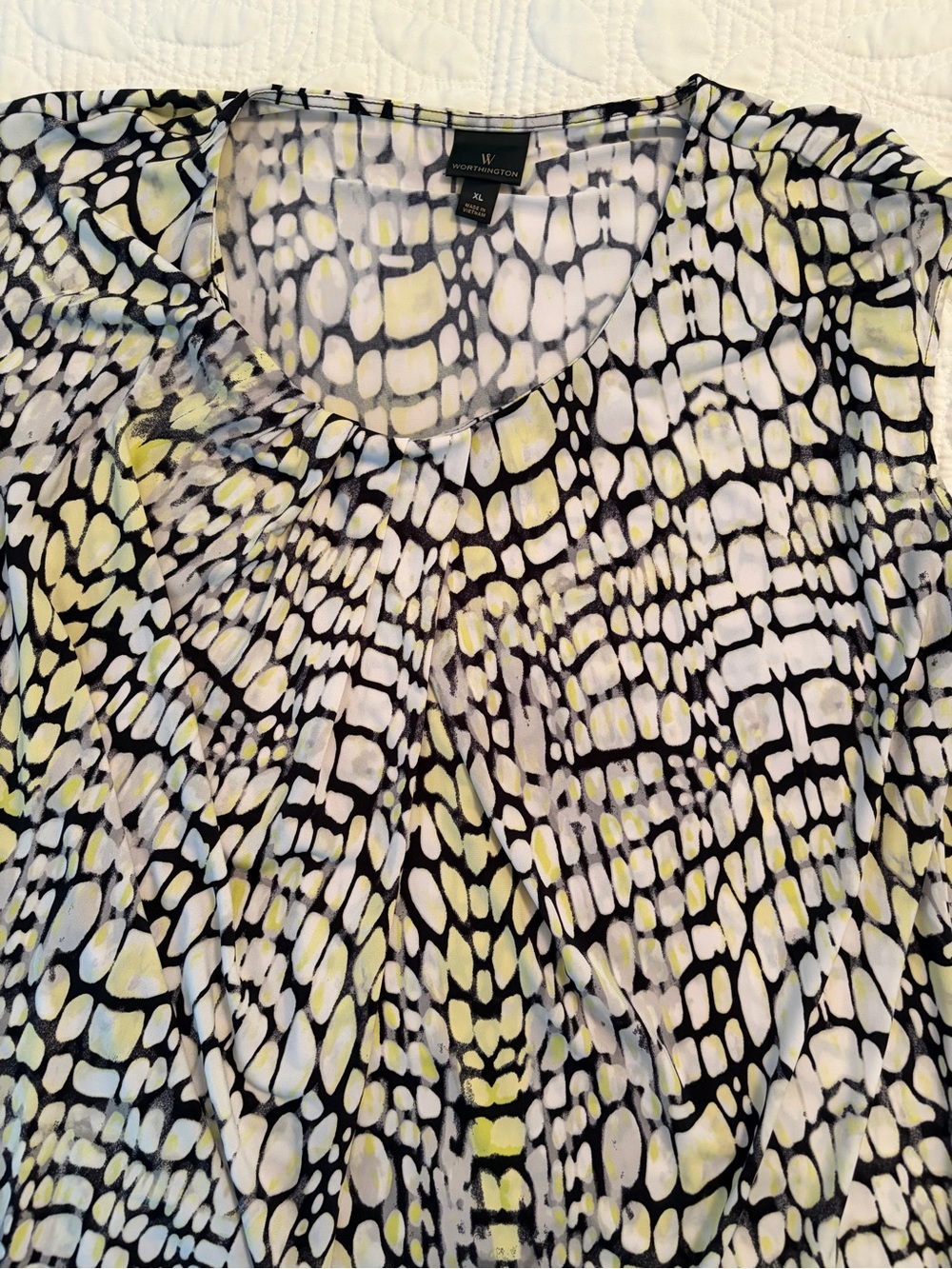 Worthington Black, White & Yellow Abstract Print V-Neck Blouse